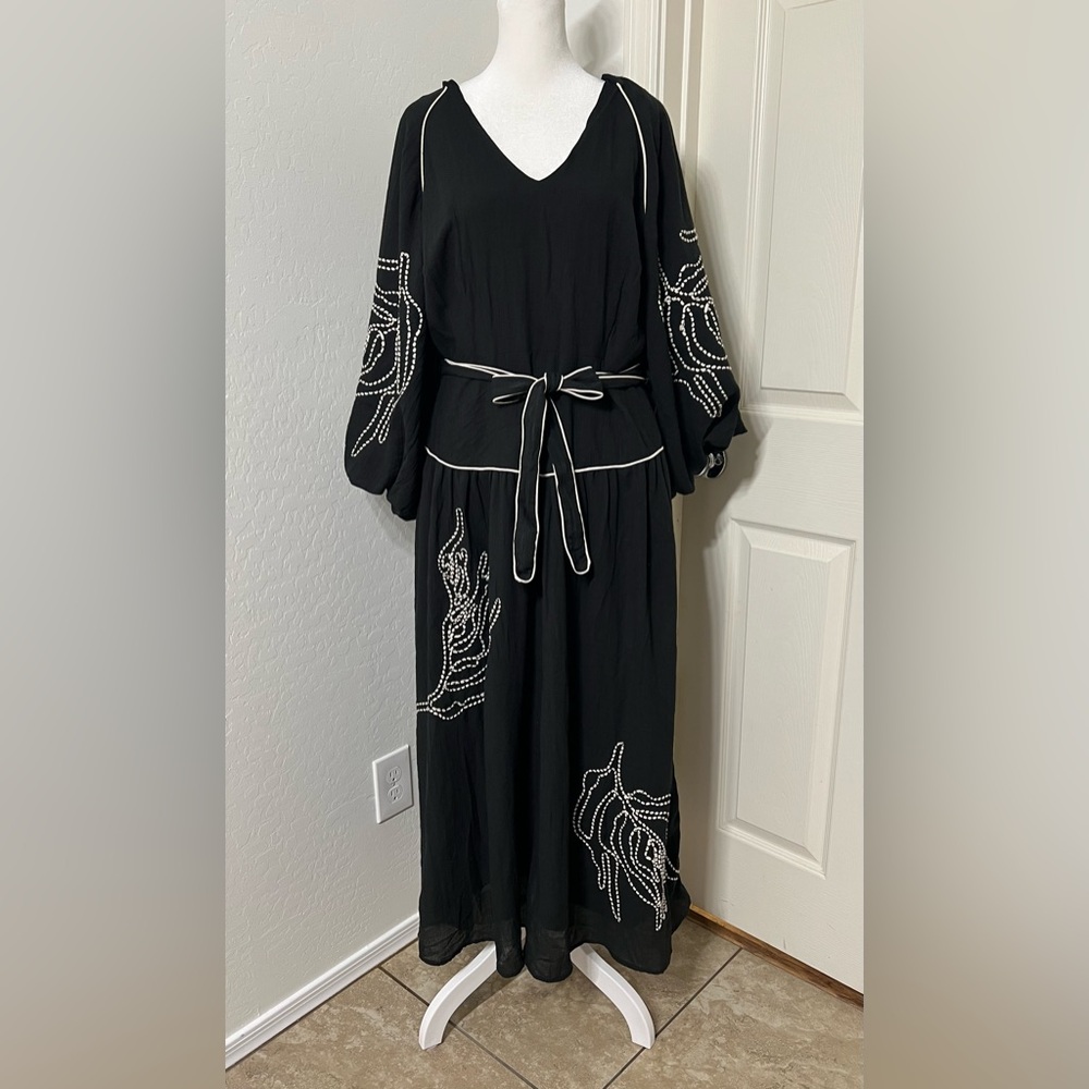 NEW CIEBON Eliza Embroidered A-Line Dress Black 3/4 Sleeve L - Picture 5 of 13